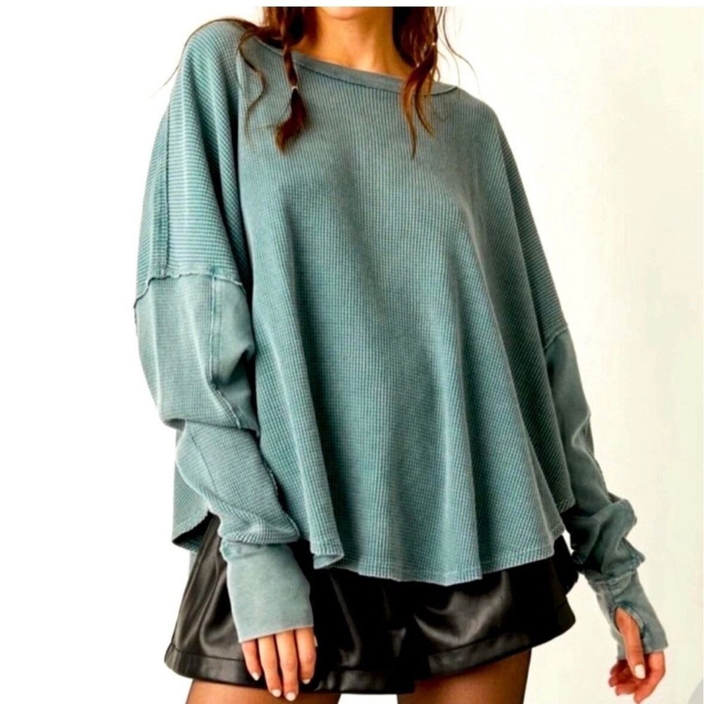 We The Free People Microphone Drop Thermal Top XS Silver Pine Green New NWOT